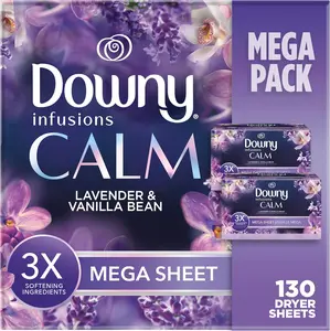 Downy Infusions CALM Mega Dryer Sheets Lavender & Vanilla Bean 130 Count 3X Softening Ingredients Long Lasting Freshness Reduces Static Fights Wrinkles