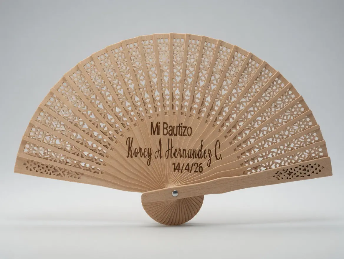 Set of 12 Personalized Wooden Wedding(Boda)/Quinceañera/Sweet16/Baptism(Bautizo)/Anniversary/Communion Fan – Elegant Laser-Cut party favors