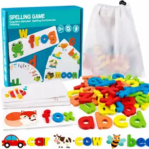 Wooden Toddler See and Spelling Learning Toy Matching Alphabet Word Game with 56 Different Words on 28 Two-Sided Cognitive Cards Letter Jigsaw Puzzle Toys for Kid's Montessori Preschool Education