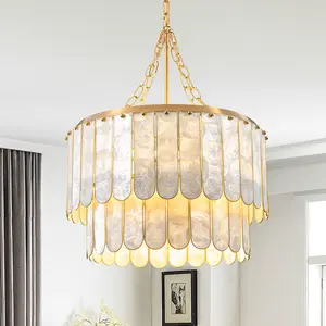 Homary Enseo Coastal 5-Light Capiz Shell 2 Tiered Faceted Chandelier Pendant Light Gold White