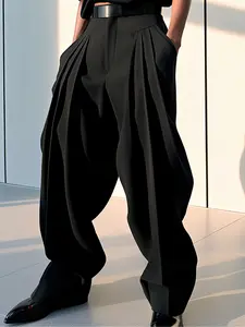 INCERUN Men's Solid Color Polyester Pleated Long Wide Leg Pants, Casual Daily Wear, Comfortable Loose Fit, Perfect for Everyday