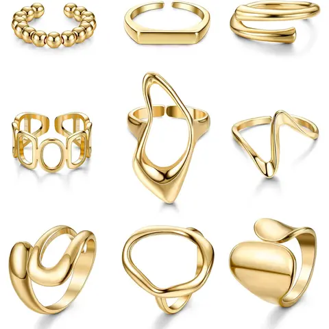 FIBO STEEL 9 Pcs Chunky Gold Rings Set for Women 18K Gold Plated Adjustable Open Dome Rings Statement Signet & Liquid Metal Wave Finger Jewelry Aesthetic Trendy Pack for Party Gift