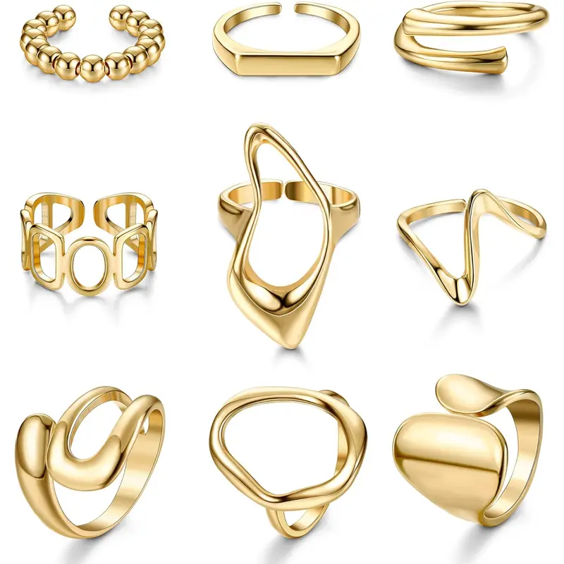 FIBO STEEL 9 Pcs Chunky Gold Rings Set for Women 18K Gold Plated Adjustable Open Dome Rings Statement Signet & Liquid Metal Wave Finger Jewelry Aesthetic Trendy Pack for Party Gift