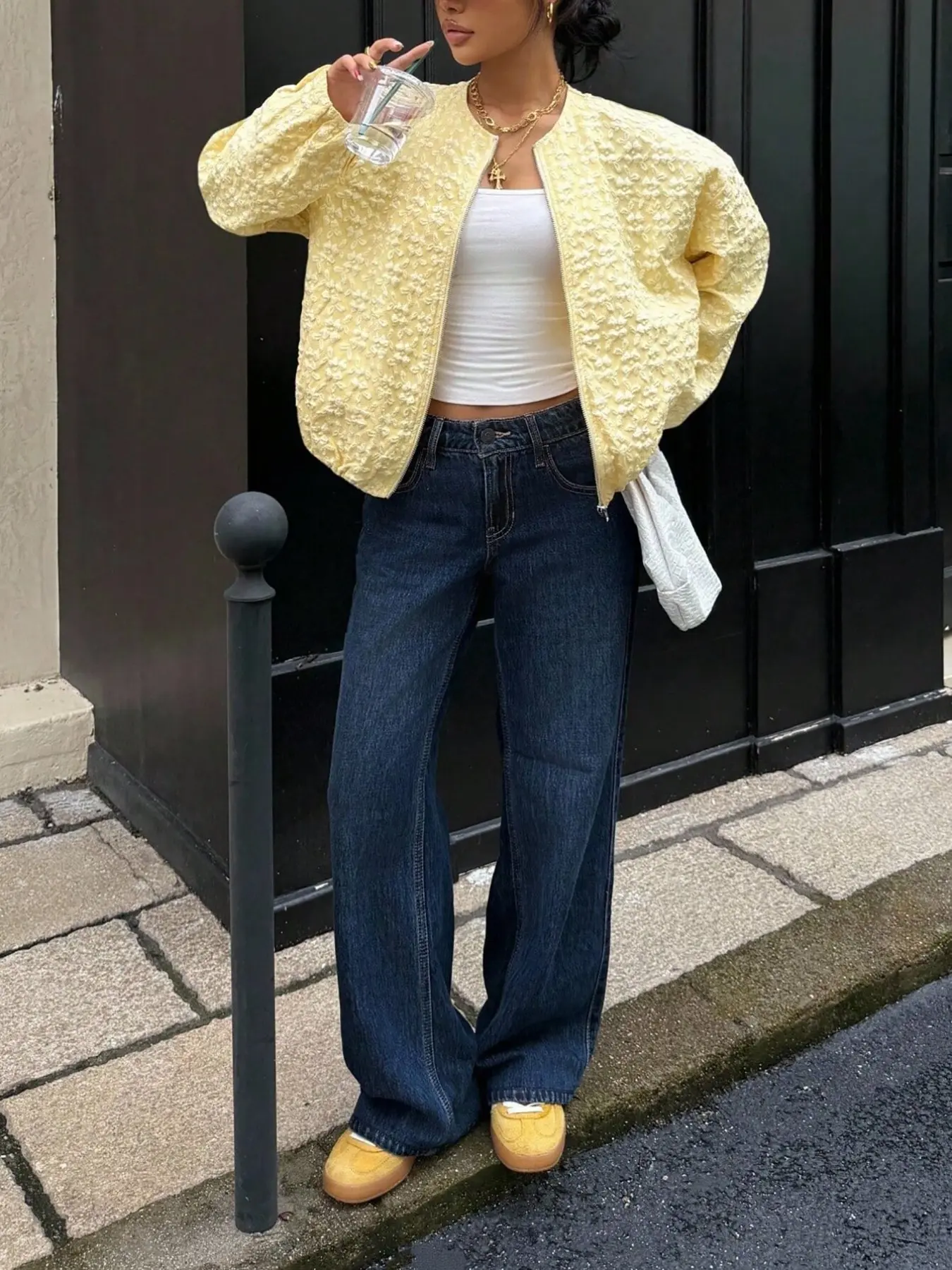 Street Style Plus Size Women's Round Neck Jacquard Textured Jacket, Casual Zipper Cardigan Coat, Ladies Trendy Comfortable Fit Everyday Daily Wear Outerwear, Womenswear