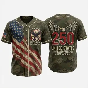 Patriotic Camo Baseball Jersey Shirt, United States 250 Eagle Graphic Button Up, 1776-2026 USA Flag Print, 4th of July Outfit for Men Women Adults
