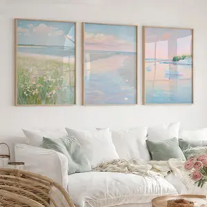 Coastal Wall Art Set, Beach Ocean Canvas Poster, Modern Home Decor, Dopamine Decor, Living Room Bedroom Hallway Decoration, Ideal Gift
