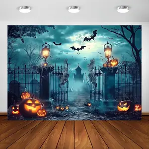 1pc 2D Flat Spooky Halloween Photography Backdrop - Full Moon Night Pumpkin & Graveyard Scene with Castle Decor Polyester Party & Portrait Perfect for Halloween Celebrations Halloween Decorations