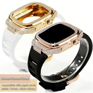 Aston Digital Bling Case for Apple Watch 44mm/45mm/46mm with Alloy Diamond Inlay Protective Cover for iWatch 4/5/6/SE 44mm 7/8/9 45mm S10 46mm Luxurious Elegant Case for Men Women Black White Protection Wearable Smartwatch Strap
