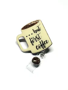But First Coffee Badge Reel 2” Retractable Swivel Alligator Clip with Fun Coffee Mug Design for Office Use