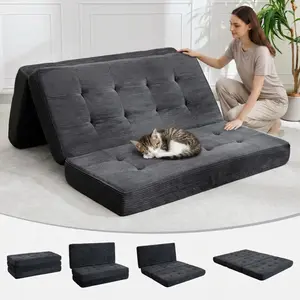 Garvee 6-Inch Tri-Fold Mattress - Foldable Floor Sofa Bed with High-Density Support Foam and Tufted Design, Portable Guest Bed for Camping, Dorm, Living Room, Soft Corduroy Fabric, Black, 75" x 39"