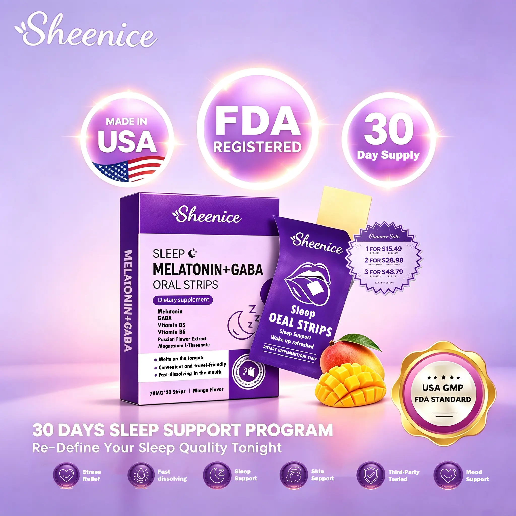 Sheenice Sleep Fast Dissolving Strips - Melatonin Supplement with GABA, L-Theanine, VitaminB5, VitaminB6, Mango Flavor, 30 Servings
