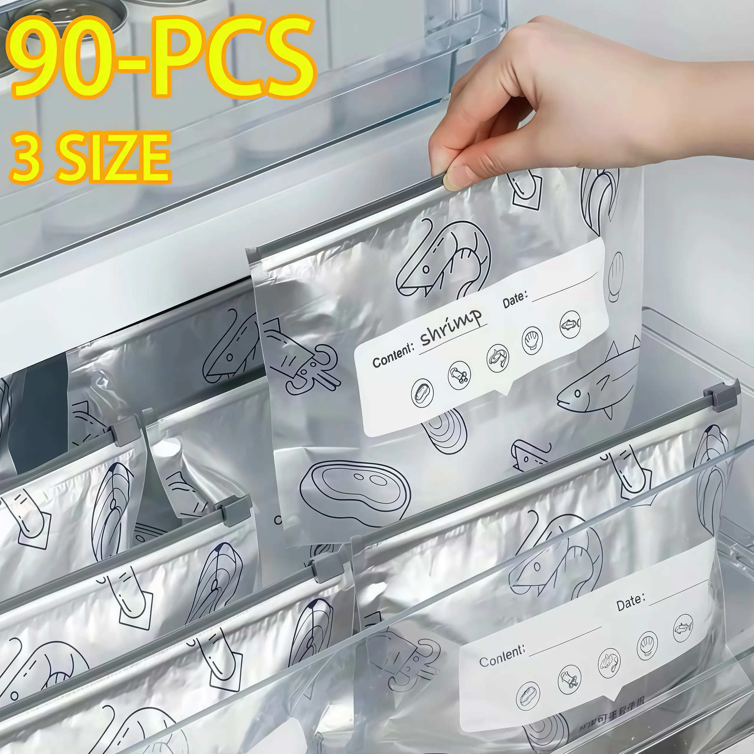 90PCS Reusable Aluminum Foil Sealable Storage Bags, 2026 New Resealable Vacuum Zipper Pouches for Food, Stand Up Foil Sealable Bags with Label and Zip Lock for Vegetable Fruit Meat (3 Size)