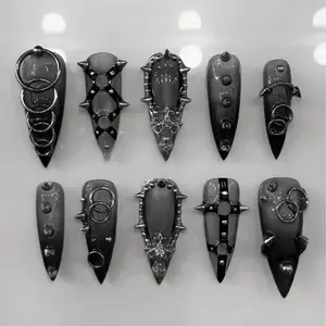 Gothic Punk Spike Press On Nails, Black Chains & Metal Ring Nails Art, Handmade Acrylic Nail Set