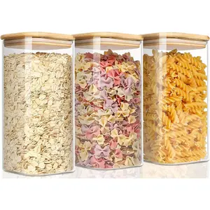1.6 Qt Square Glass Storage Containers with Lids, Clear Food Storage Container Jar with Sealing Bamboo Lid for Noodles Flour Cereal Rice Sugar Tea Coffee Set of 3