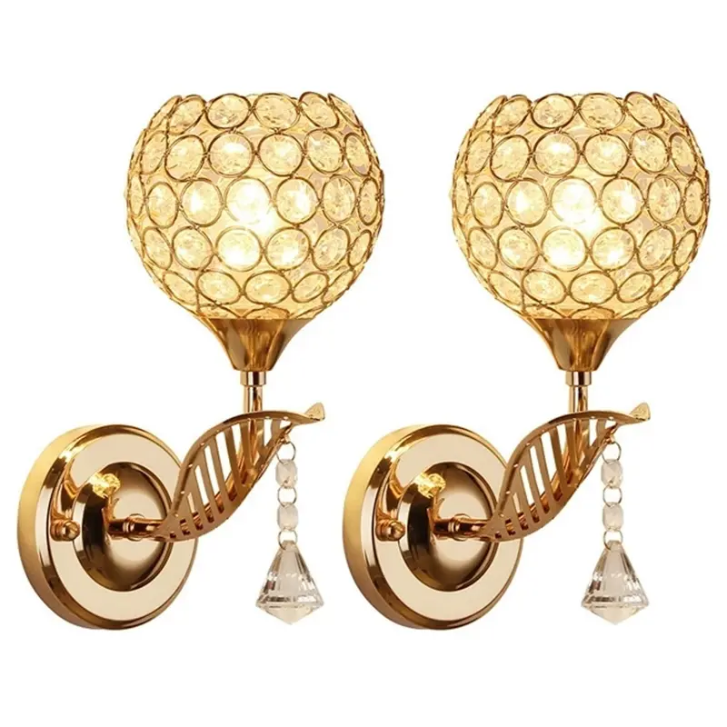 Iron & Crystal Brass Globe Vanity Lights Set of 2 - Leaf Arm Wall Sconces with Pendant, E26 G45 LED Bulbs Included, Hardwired Indoor Decorative Lamp for Bedroom, Hallway