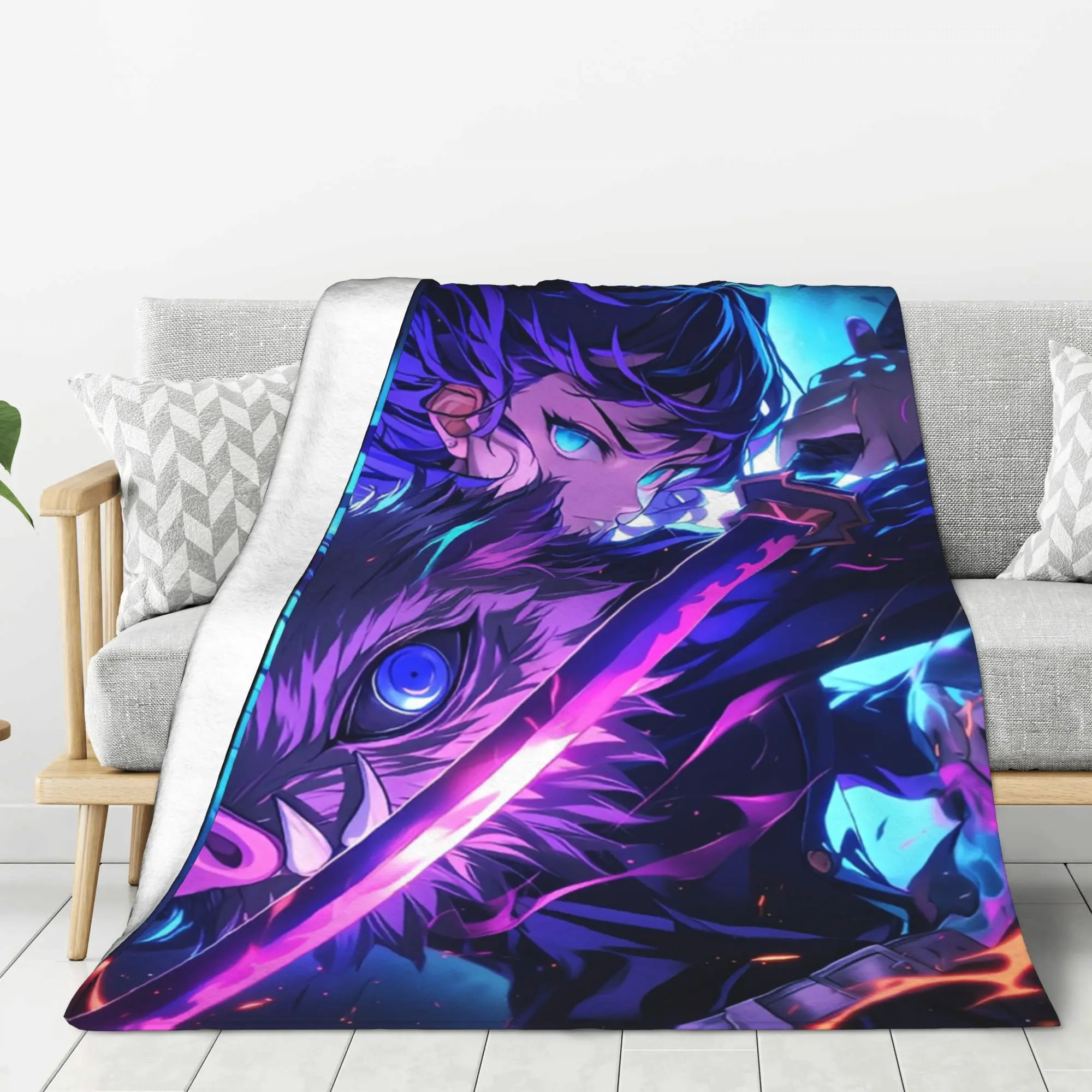Demon Slayer Inosuke Hashibira Flannel Blanket Anime Art with Beast Mask Purple Pink for Bedroom Living Room