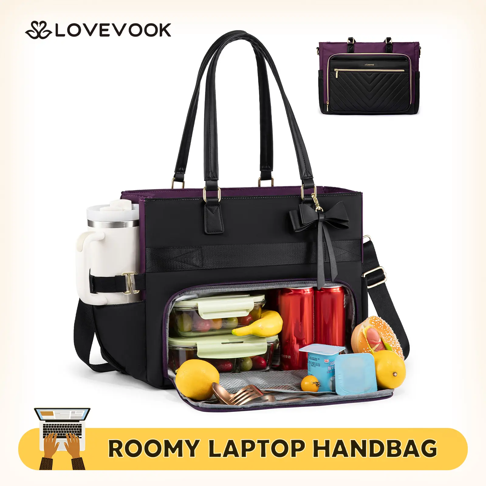 LOVEVOOK Lunch Tote Bag for Women,15.6 Inch&17.3 Inch Large Capacity Work Bag with Laptop Compartment, Teacher Tote Bag with Zipper, Handbag Insulated Bag Leakproof for Nurse, Office, College,TikTokShopBackToSchool
