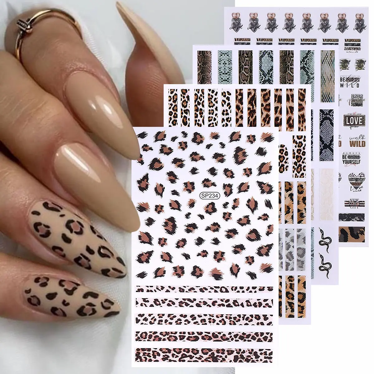 4 Sheets Leopard Print Design Nail Art Stickers Set, Autumn Winter Vintage Elegant DIY Self-Adhesive Nail Decals, Suitable for Women & Girls