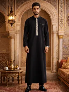 Arabic Islamic Muslim Traditional Clothing, Ramadan Festival Sacrifice Day Traditional Holiday Wear, Classic Versatile Men's Stand Collar Robe, Modesty Thobe, Premium Traditional Thobe