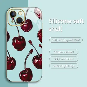 Vintage Cherry Coquette Phone Case, Glossy Dark Fruit Aesthetic, Gold Edges, Soft Cover for iPhone 15 Plus — 975