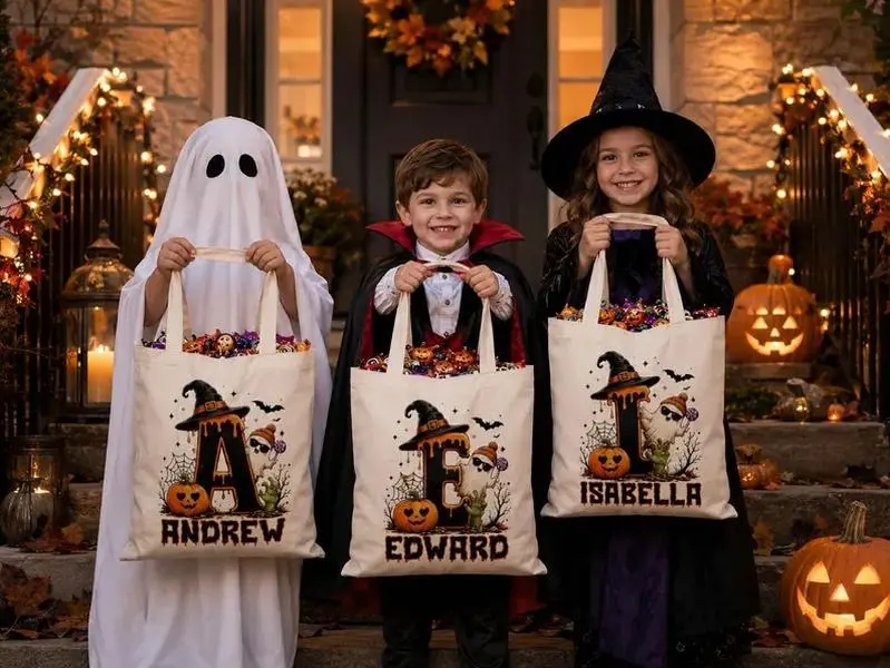 Cute Halloween Ghost bag 1 side Print, Spooky Goodie Bag, Custom Name Halloween Tote Bag, Trick or Treat Candy Bag, Personalized Halloween Kids Treat Bag