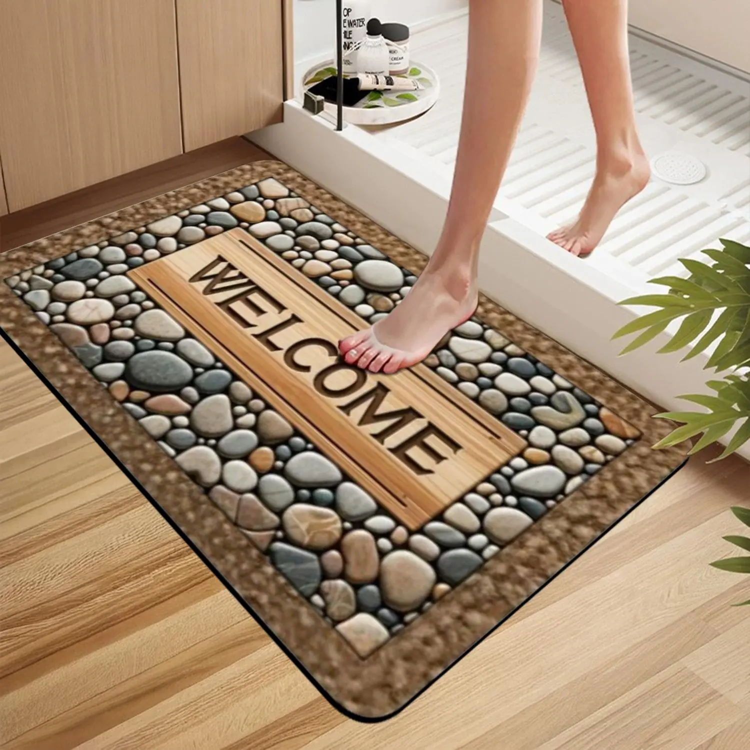 1 Piece Welcome Home Non-slip Doormat - Durable, Machine Washable, Stone Wood Design - Suitable for Farmhouse Decoration, Universal in All Seasons, Diatom Mud Material, Natural Style Entrance Carpet