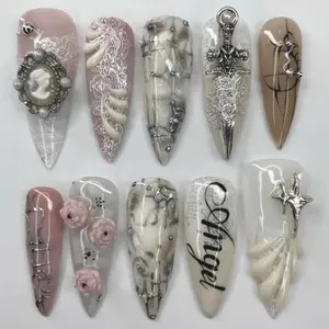 S65 Katy Nails Gothic Lace Angel Press-On Nails, Silver Sword & Cross Charms, 3D Pink Roses, White Lace Details, Elegant Warrior Vibe, Statement Nail Art, Gifts for Her
