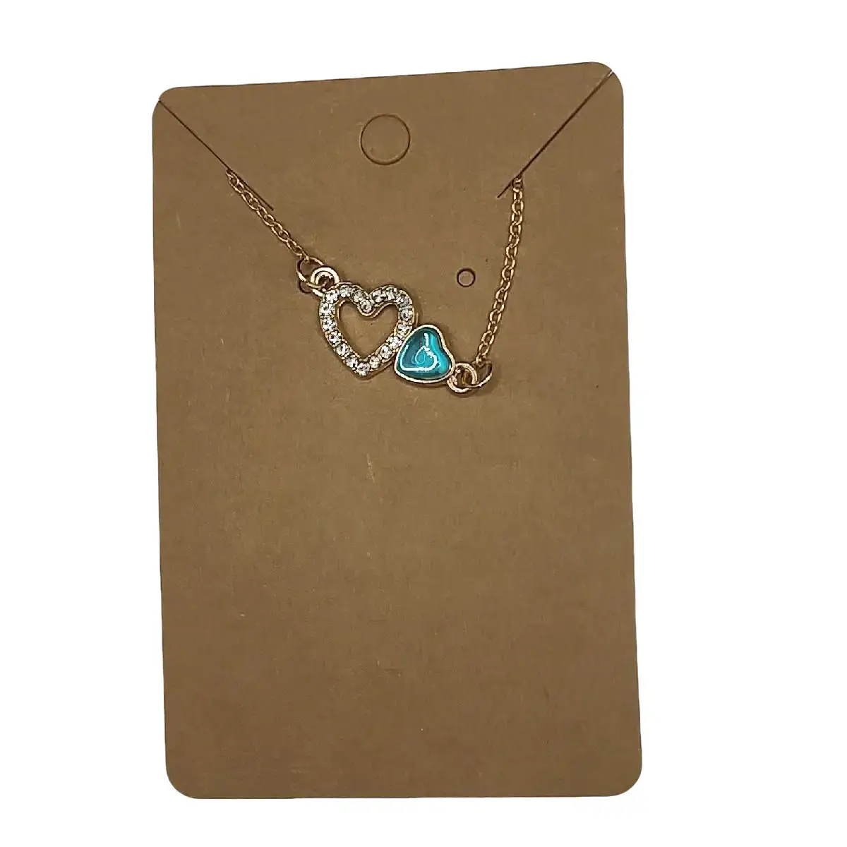 Rhinestone Heart Necklace with Small Blue Heart Pendant, Gold Chain, Simple Design