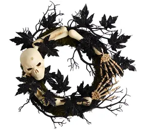 Nearly Natural 24" Halloween Skull and Bones Wreath