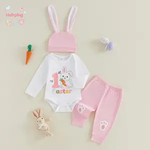 Baby My 1st Easter 3 Piece Outfit Set, Long Sleeve Bunny Graphic Top, Paw Print Pants & Bunny Ear Hat, Cute First Easter Outfit for Newborn Boys Girls, Soft Cotton Blend for Holiday Photos