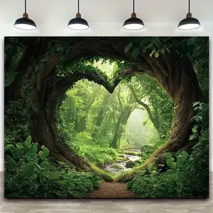 Enchanting Misty Forest Tree Tapestry |       1pc |       Polyester |       Heart-Shaped Opening, Lush Green Foliage & Misty Ambiance |       Wall Hanging |       Living Room, Bedroom, or Dorm Decor |       Forest Decor