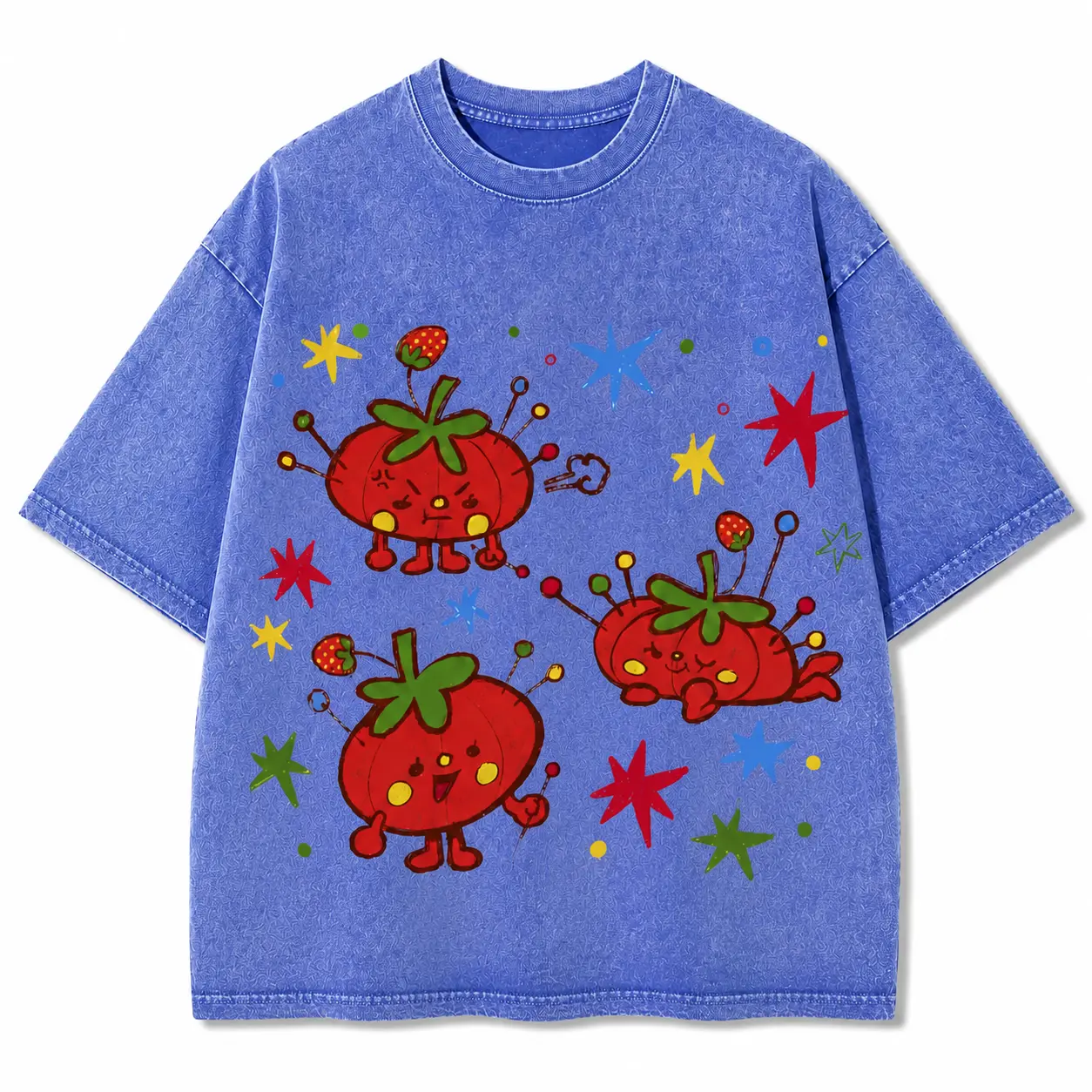 Washed, Cute Tomato Party Print T-shirt, High-quality Batik Vintage Fashion Brand T-shirt, Unisex T-shirt, Popular Daily Wear T-shirt, Holiday Gift, Perfect Present Streetwear Casual