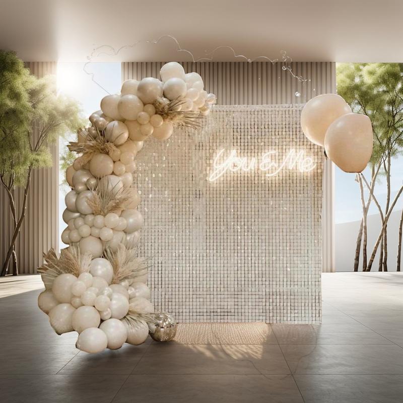 4x6 feet white reflective wall background with 24 pieces of white sequin background decorative panels, suitable for birthdays, New Year's, Christmas, anniversaries, weddings, Valentine's Day, Easter decoration banners, party supplies