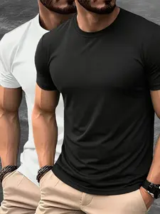 2-Pack Men’s Slim Fit Stretch T-Shirts, Non-Distortion/Shrink Resistant, Breathable for Summer, Versatile Solid Color Short Sleeve