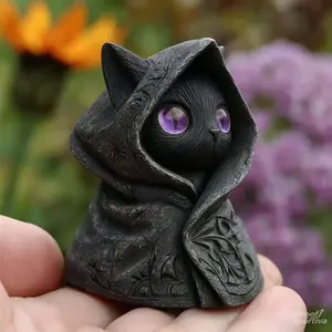 Hand-Painted Gothic Black Cat Statue with Emerald Eyes & Hooded Cloak Mini Resin Figurine for Witchy Decor Halloween and Cat Lovers