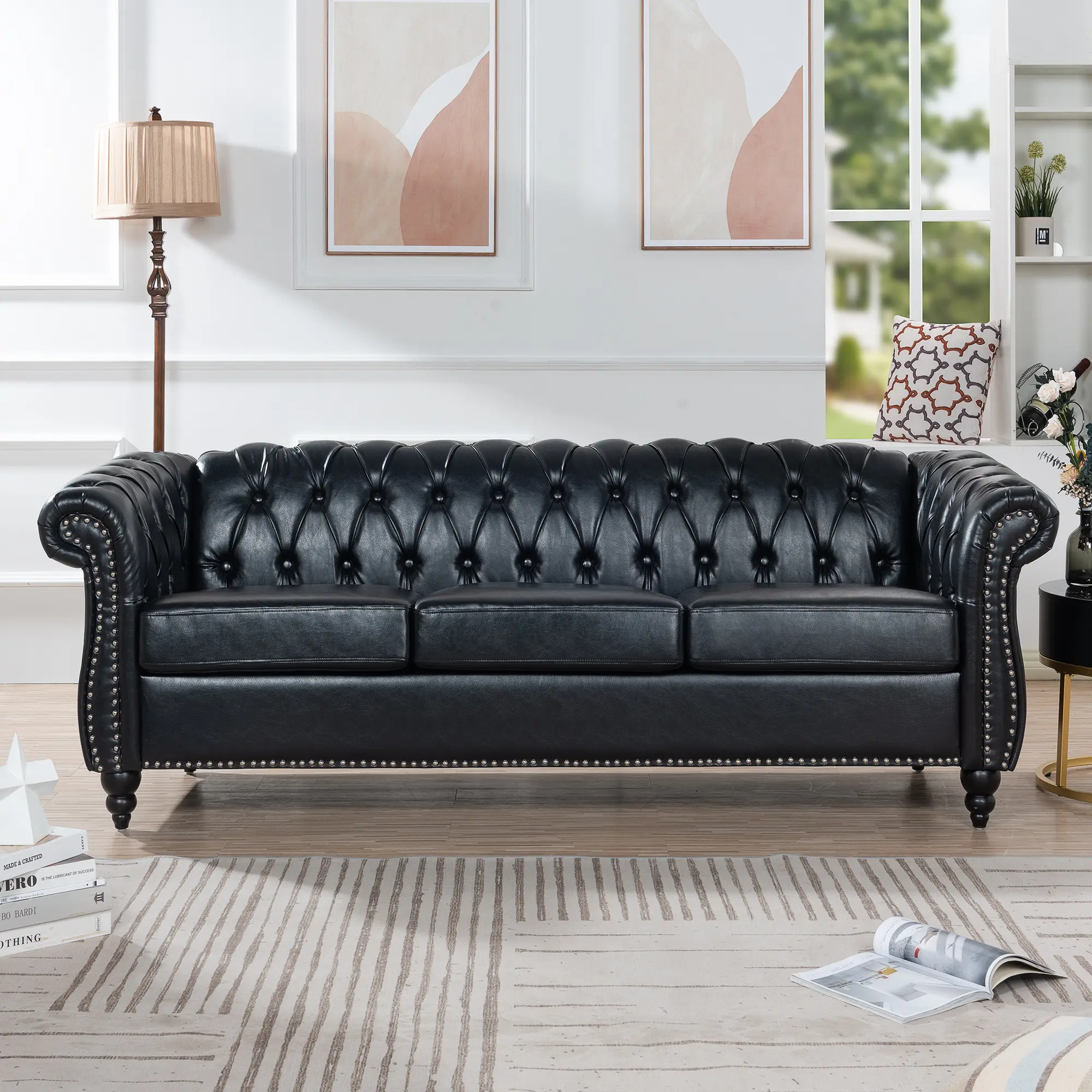 Dreamzon 84.65" BLACK PU Rolled Arm Chesterfield Three Seater Sofa.
