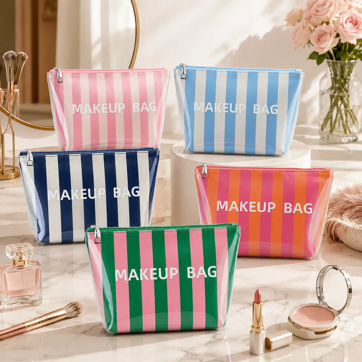 Large Capacity Clear Striped Cosmetic Case, Waterproof Toiletry Travel Pouch, So Chic & Organized. Multi-Color available.