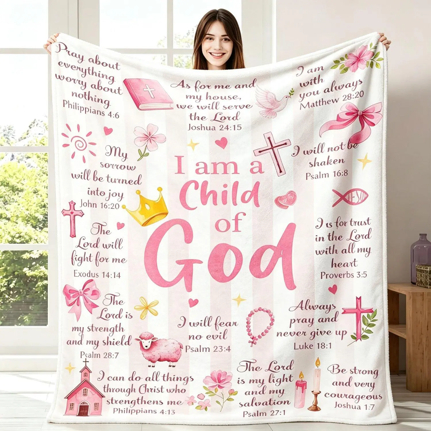 Christian Blanket I Am A Child of God Inspirational Bible Quotes Cross Church Pattern Cozy Flannel Throw Blanket Religious Gift For Women Girls