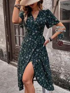 Women's Ditsy Floral Print Bodycon Dress with Tie Waist, Casual Vacation, Elegant Summer Fashion, Perfect for Daily Wear