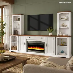 3-Piece Farmhouse Fireplace TV Stand Set with Mantel - Electric Fireplace Heater for TVs Up to 70", Walnut & White Indoor Furniture with Storage & Bookshelves for Living Room, Fireplace Tv Stands Television Console Table Tv Cabinet Table
