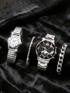 4-piece/ set of couple's steel band quartz watch with sporty luminous hands and face, couple's wristwatch set