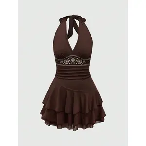 Plus Size Halter Mini Dress Ruched Ruffle Y2K Hippie Dress Western Outfits Boho Dresses