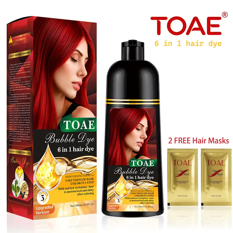 TOAE 2026 Upgraded 6-in-1 Argan Oil Herbal Hair Dye Shampoo - 500ml Plant-Based Gentle Haircare, 6-in-1 in 1 Step, 5-7 Weeks Long-Lasting Instant Color, Anti-Aging, Wine Red+2 Hair Masks (Natural Black, Dark Brown, Golden Brown, Burgundy) for Adults