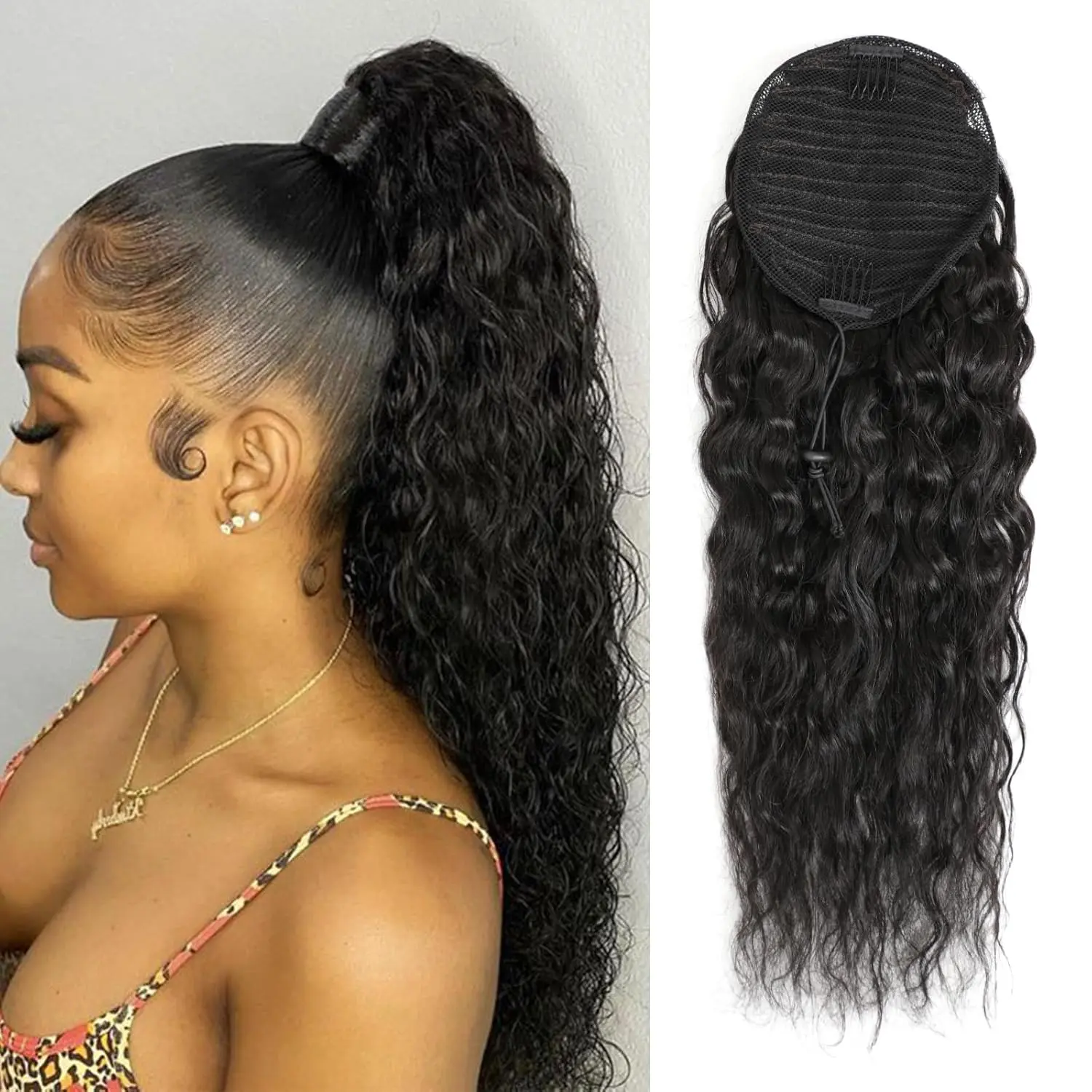 100% Human Hair Drawstring Ponytail Extension Water Wave in Natural Color 1B Corn Wave Ponytail Clip in Extensions for Black Women (16 Inch)