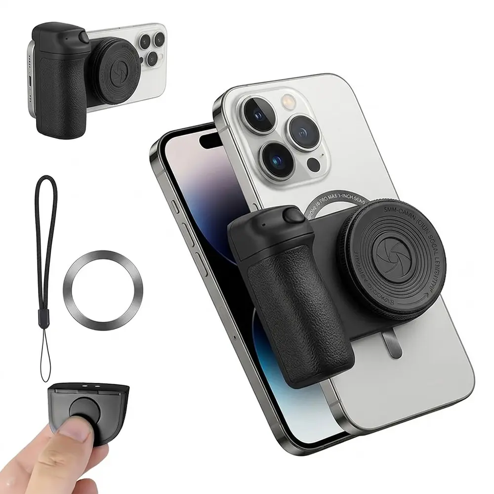 Turn Your Phone Into a Camera Magnetic Cellphone Camera Grip with Adjustable Light, Detachable Plastic Polycarbonate MagSafe Handle Stand, Compact Bluetooth Wireless Shutter Remote for iOS iPhone Selfie, Shorts, Tiktoks Recording Accessories, Dslr, Bbc-9
