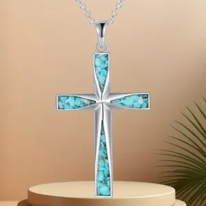 New Hot-Selling Turquoise Women'S Cross Pendant Necklace - Unique Punk Style Green Stone Foldable Stainless Steel Cross Charm, Perfect Gift for Friends and Girlfriends on Birthdays or Holidays, Cross Necklace For Women, Necklace For Women, Jewellery For W