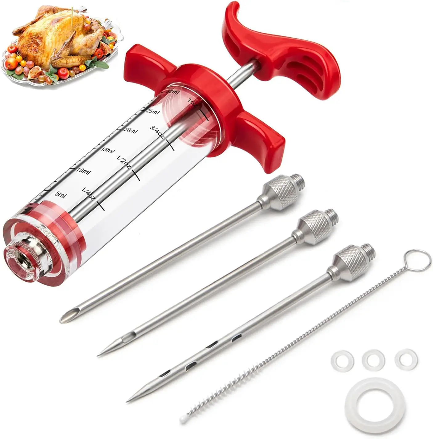 1-Hand Press Smooth Kitchen Meat Injector Syringe Kit - 1-oz Marinade Injector for Thanksgiving Turkey, Grill, BBQs, Camping, BBQ Utensils, Includes 3 Stainless Steel Needle Types, Silicone O-Rings, Plastic Components & Cleaning Brush