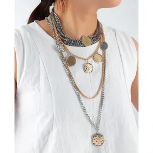 4-Layer Chunky Mixed Metal Chain Necklace with Coin Pendants | Vintage Silver & Gold Statement Layered Necklace for Women | Retro Stacked Jewelry
