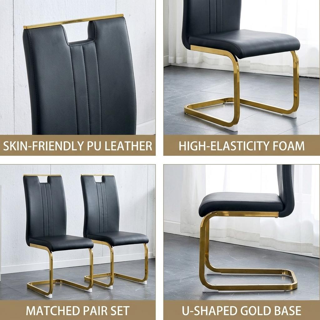 Modern Cantilever Dining Chairs Set of 2/4, Black Gold PU Leather Upholstered Side Chairs with Gold Metal Frame for Kitchen Living Room