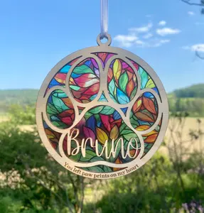 Rainbow Bridge Pet Sun Catcher - Personalized Pet Memorial - Dog Cat Remembrance - Custom Name & Saying - Paw Print Pet Tribute Decor Hanging